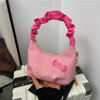 Ženska torbica s plisiranim dizajnom oblaka, crossbody torba s lancem, 2025 retro karamel boja, sladak motiv mačke