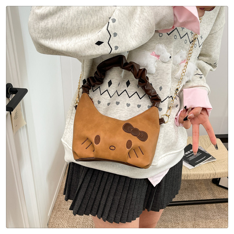 Ženska torbica s plisiranim dizajnom oblaka, crossbody torba s lancem, 2025 retro karamel boja, sladak motiv mačke