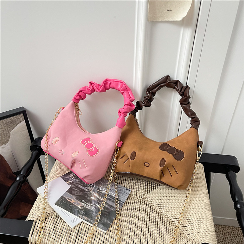 Ženska torbica s plisiranim dizajnom oblaka, crossbody torba s lancem, 2025 retro karamel boja, sladak motiv mačke