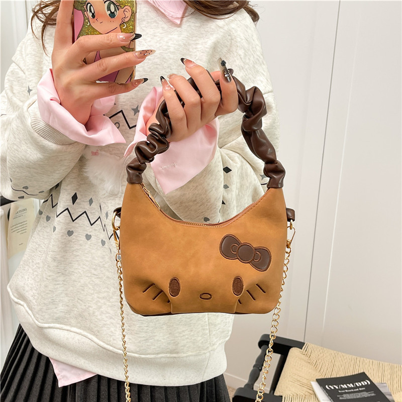 Ženska torbica s plisiranim dizajnom oblaka, crossbody torba s lancem, 2025 retro karamel boja, sladak motiv mačke