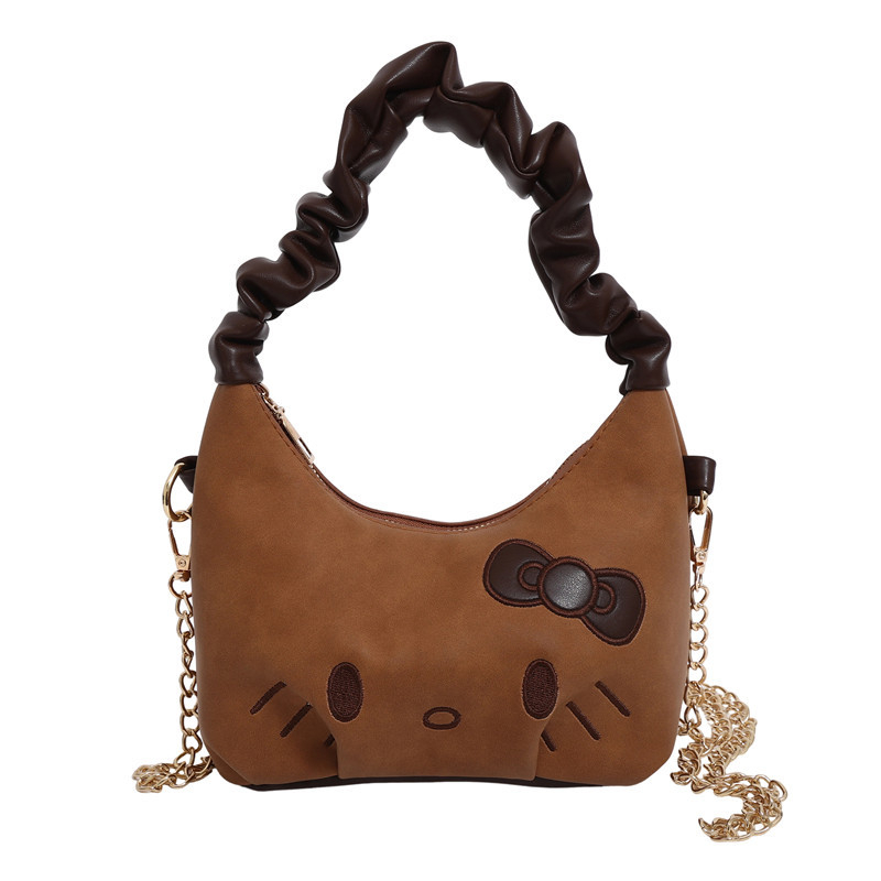 Ženska torbica s plisiranim dizajnom oblaka, crossbody torba s lancem, 2025 retro karamel boja, sladak motiv mačke