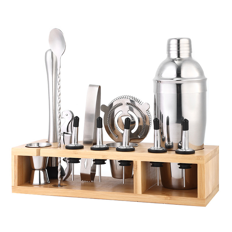 Set de 10 piese shaker de cocktail din oțel inoxidabil cu suport din bambus pentru bar