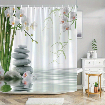 Curtină de duș Zen Stone Orchid, temă florală pastorală, potrivită pentru utilizare pe tot timpul anului, din poliester, lavabilă la mașină, include 12 cârlige