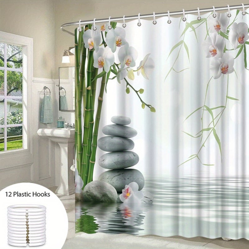 Curtină de duș Zen Stone Orchid, temă florală pastorală, potrivită pentru utilizare pe tot timpul anului, din poliester, lavabilă la mașină, include 12 cârlige