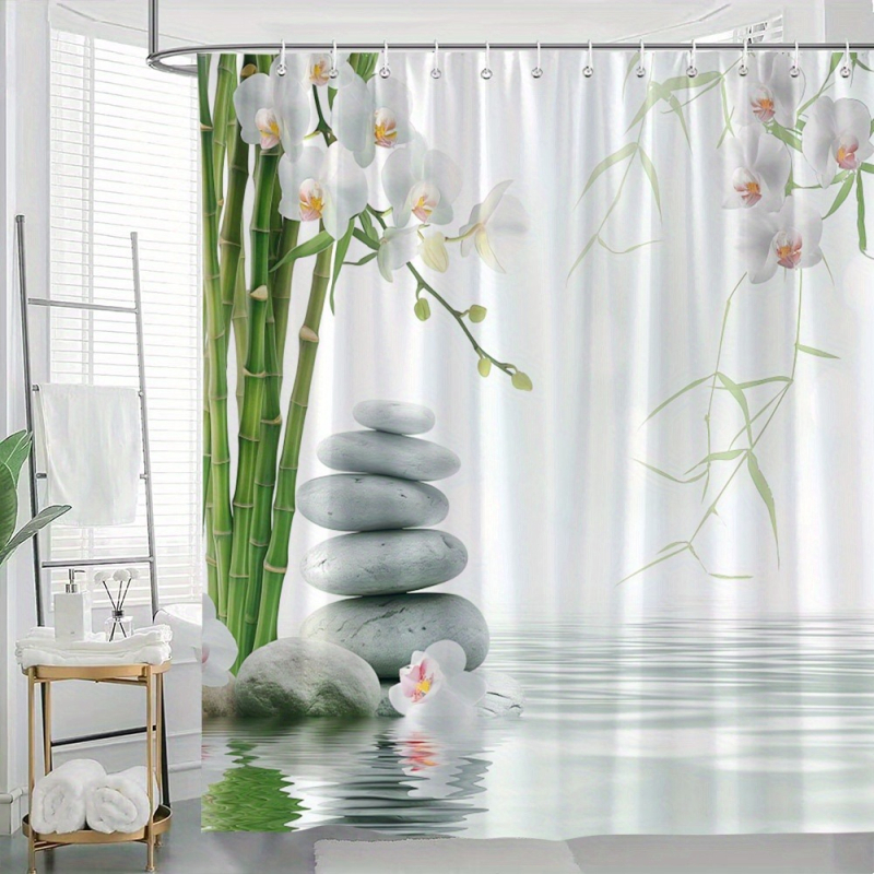 Curtină de duș Zen Stone Orchid, temă florală pastorală, potrivită pentru utilizare pe tot timpul anului, din poliester, lavabilă la mașină, include 12 cârlige