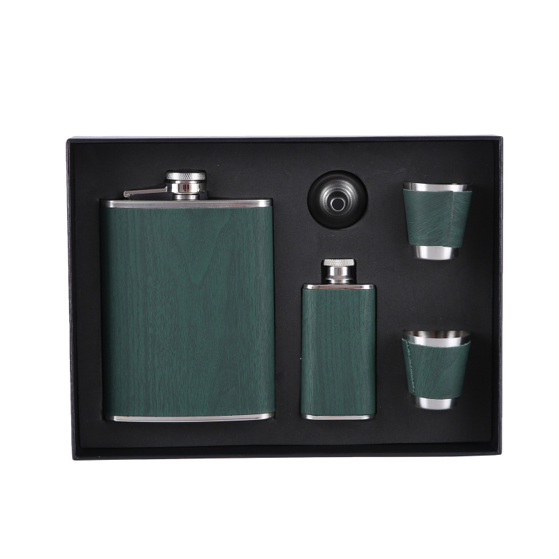 Set din oțel inoxidabil verde închis pentru vin, sticlă portabilă de exterior, stil retro rus, cutie cadou pentru sticla de vin