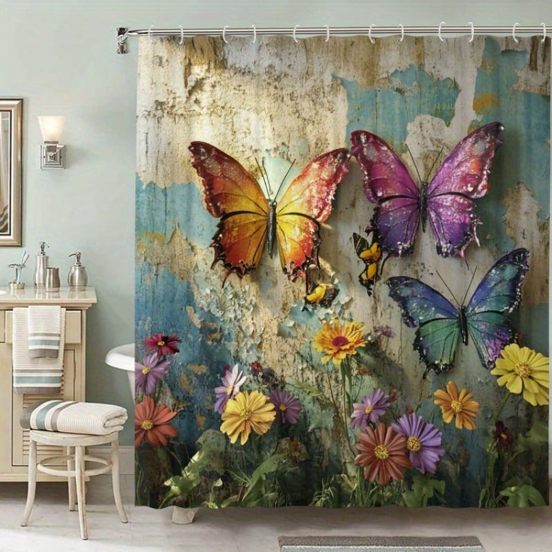 Draperie de duș din poliester, cu model colorat de fluturi, 12 cârlige, lavabilă la mașină, baie