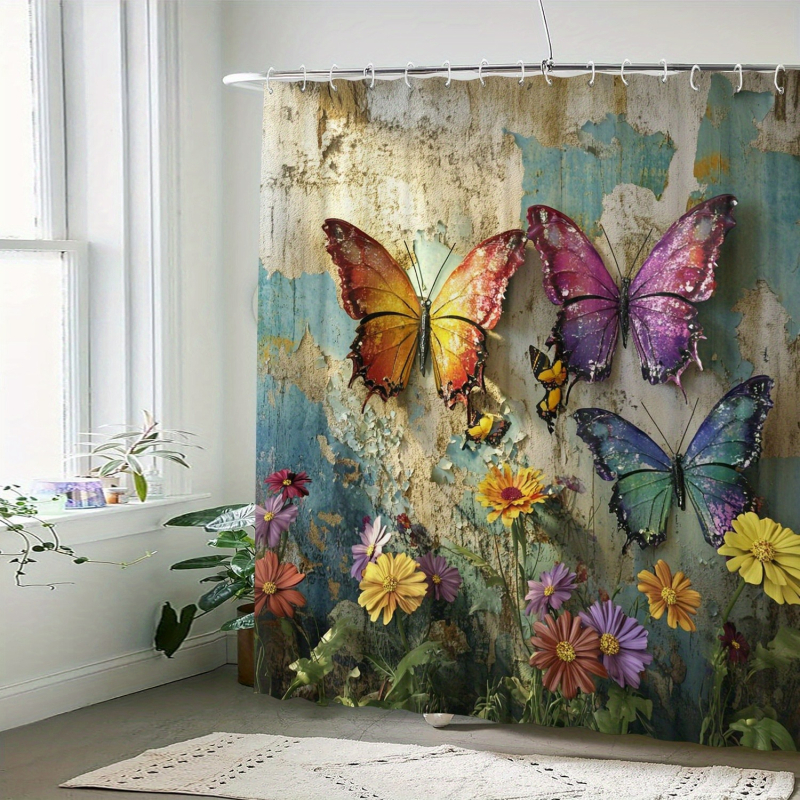 Draperie de duș din poliester, cu model colorat de fluturi, 12 cârlige, lavabilă la mașină, baie