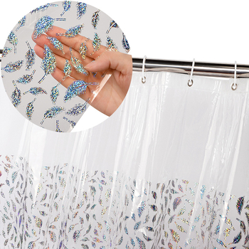 Cortină de duș transparentă din PEVA, imprimată cu pene colorate, impermeabilă și izolație termică, include inel de cortină