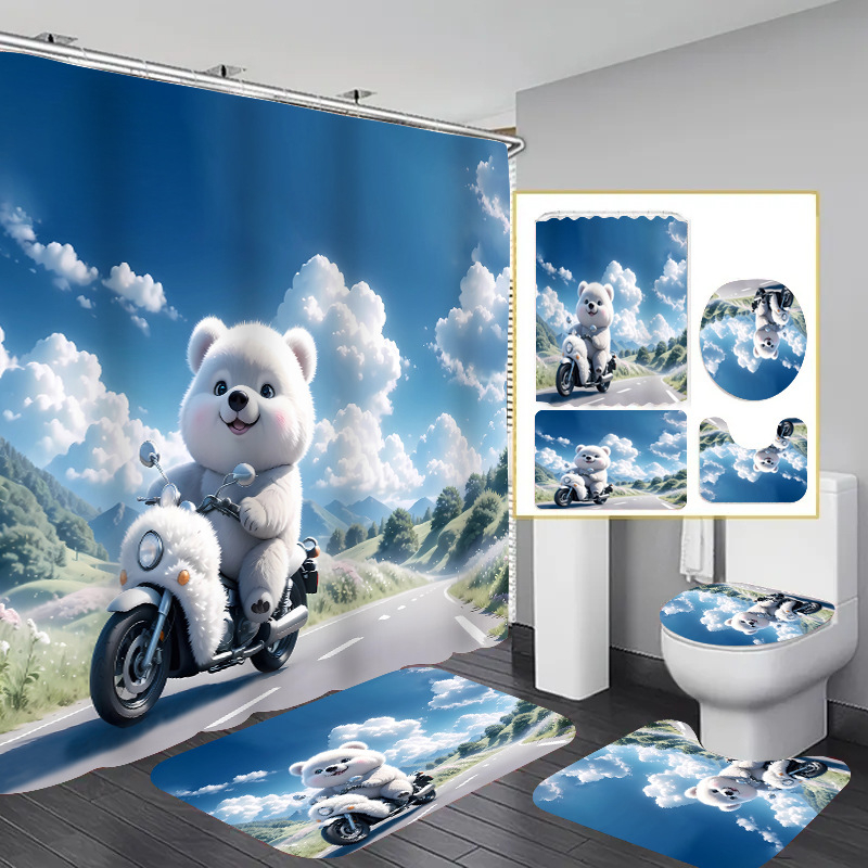 Perdea de duș din poliester impermeabil, imprimare digitală HD cu urs polar, set de patru piese