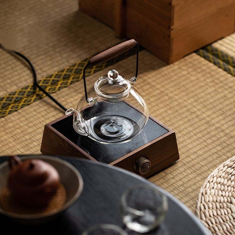 Ceainic din sticlă pentru ceai, cu fierbere la temperaturi înalte, aburator complet automat în stil japonez, ceainic negru-alb, plită ceramică electrică