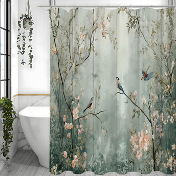 Cortină de duș din poliester, cu imprimeu floral și păsări, stil chinezesc, impermeabilă, separare uscat-ud