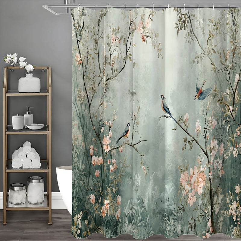 Cortină de duș din poliester, cu imprimeu floral și păsări, stil chinezesc, impermeabilă, separare uscat-ud