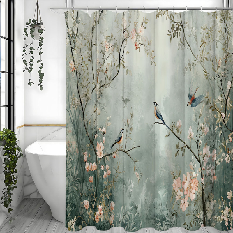 Cortină de duș din poliester, cu imprimeu floral și păsări, stil chinezesc, impermeabilă, separare uscat-ud