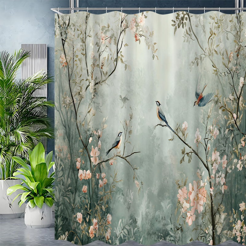 Cortină de duș din poliester, cu imprimeu floral și păsări, stil chinezesc, impermeabilă, separare uscat-ud