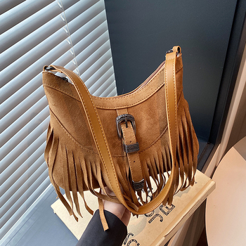 Boemska nubuk torba preko ramena za žene, 2026, univerzalna mat tekstura, elegantna tassel dodatak, crossbody, retro stil