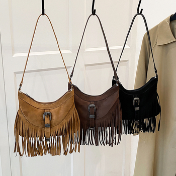 Boemska nubuk torba preko ramena za žene, 2026, univerzalna mat tekstura, elegantna tassel dodatak, crossbody, retro stil