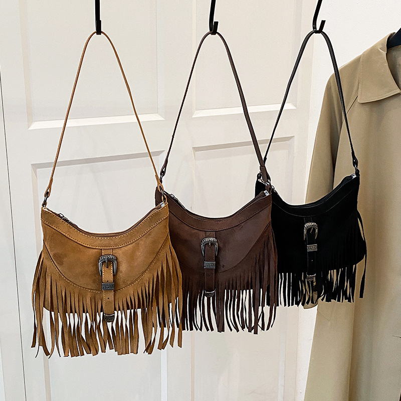 Boemska nubuk torba preko ramena za žene, 2026, univerzalna mat tekstura, elegantna tassel dodatak, crossbody, retro stil