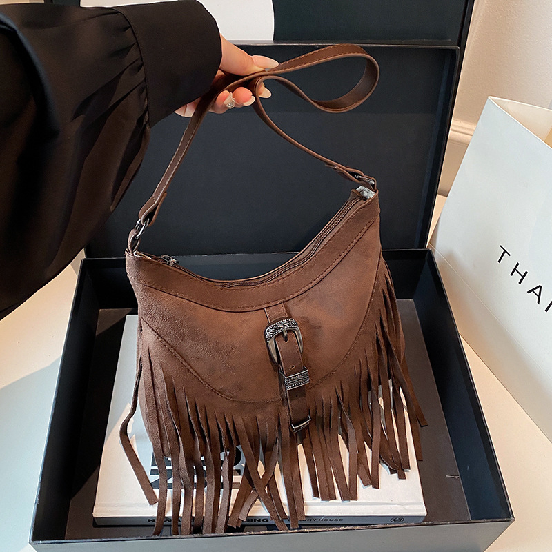 Boemska nubuk torba preko ramena za žene, 2026, univerzalna mat tekstura, elegantna tassel dodatak, crossbody, retro stil