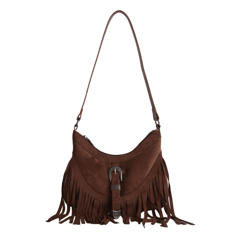 Boemska nubuk torba preko ramena za žene, 2026, univerzalna mat tekstura, elegantna tassel dodatak, crossbody, retro stil