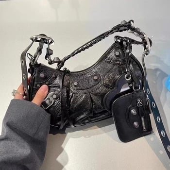 26 novih mini bikerskih torbi s rivetima i resicama, tri u jednom: polukružna plisirana PU kožna torba za ramena i preko tijela za žene