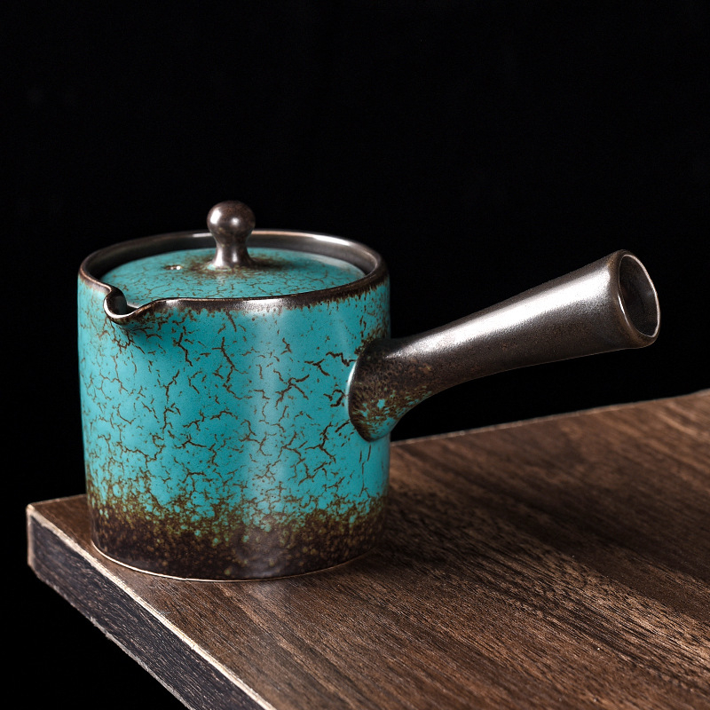 Ceainic ceramic cu mâner lateral, verde agatit, pentru uz casnic, set Gongfu retro