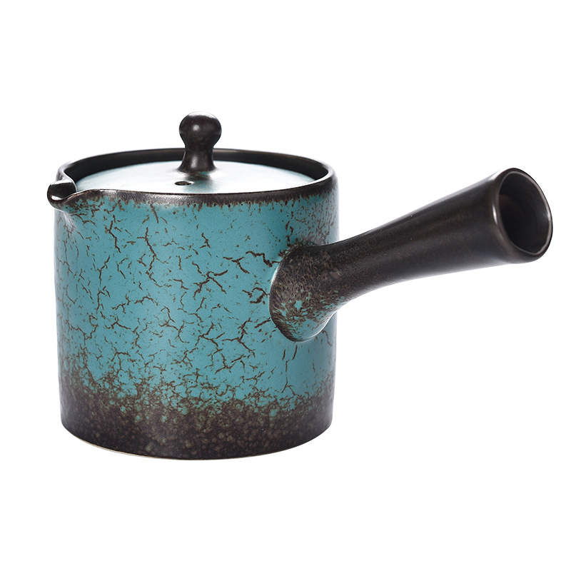 Ceainic ceramic cu mâner lateral, verde agatit, pentru uz casnic, set Gongfu retro