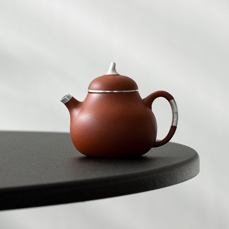 Ceainic din lut purpuriu, în formă de gutuie, cu suport, placat cu argint, stil vintage de înaltă clasă, capacitate mică, pentru ceai premium de oolong