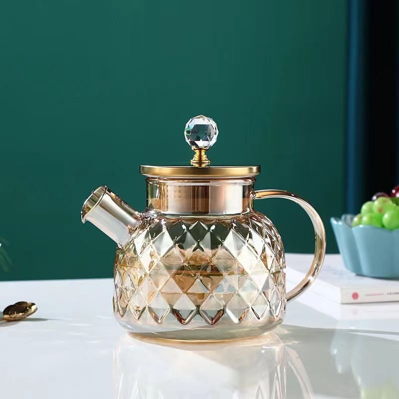 Lanling carafă din sticlă cu capac din mărgele de cristal, vas de servire pentru băuturi acasă și pentru oaspeți, în nuanță chihlimbar pentru suc, ceai cu flori și apă rece