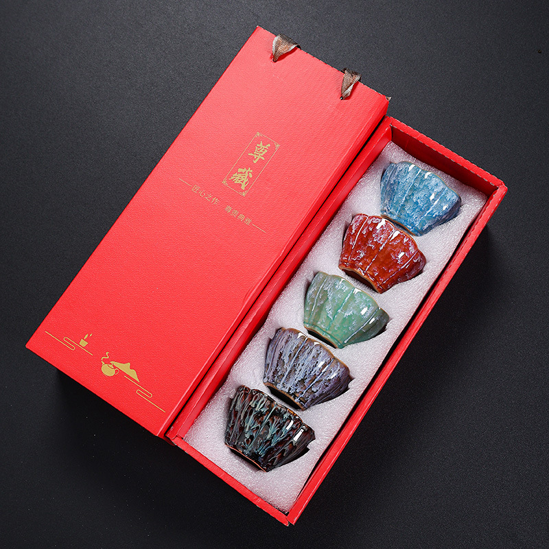 Set de ceai din ceramică cu glazură de cuptor, ceainic și patru cești, cești cu cinci elemente, versiune de călătorie, Tianmu glazură