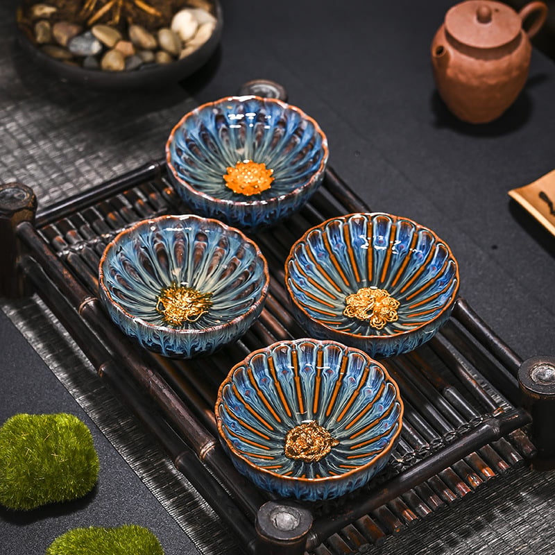 Jian ware ceașcă de ceai ceramică cu glazură de cuptor, încrustații de argint și aur, ceașcă de ceai unică pentru ceremonia Kung Fu acasă