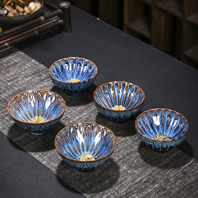 Jian ware ceașcă de ceai ceramică cu glazură de cuptor, încrustații de argint și aur, ceașcă de ceai unică pentru ceremonia Kung Fu acasă