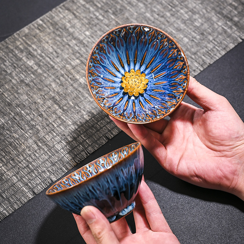 Jian ware ceașcă de ceai ceramică cu glazură de cuptor, încrustații de argint și aur, ceașcă de ceai unică pentru ceremonia Kung Fu acasă
