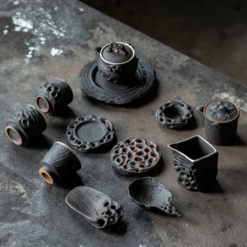 Ceainic ceramic lucrat manual, finisaj închis inspirat de inkstone, piatră Taihu antic, mâner din lemn Ebony, pentru ceai Gongfu acasă