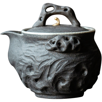 Ceainic ceramic lucrat manual, finisaj închis inspirat de inkstone, piatră Taihu antic, mâner din lemn Ebony, pentru ceai Gongfu acasă
