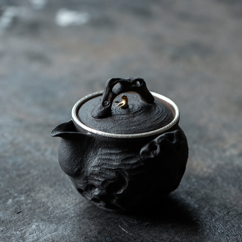 Ceainic ceramic lucrat manual, finisaj închis inspirat de inkstone, piatră Taihu antic, mâner din lemn Ebony, pentru ceai Gongfu acasă