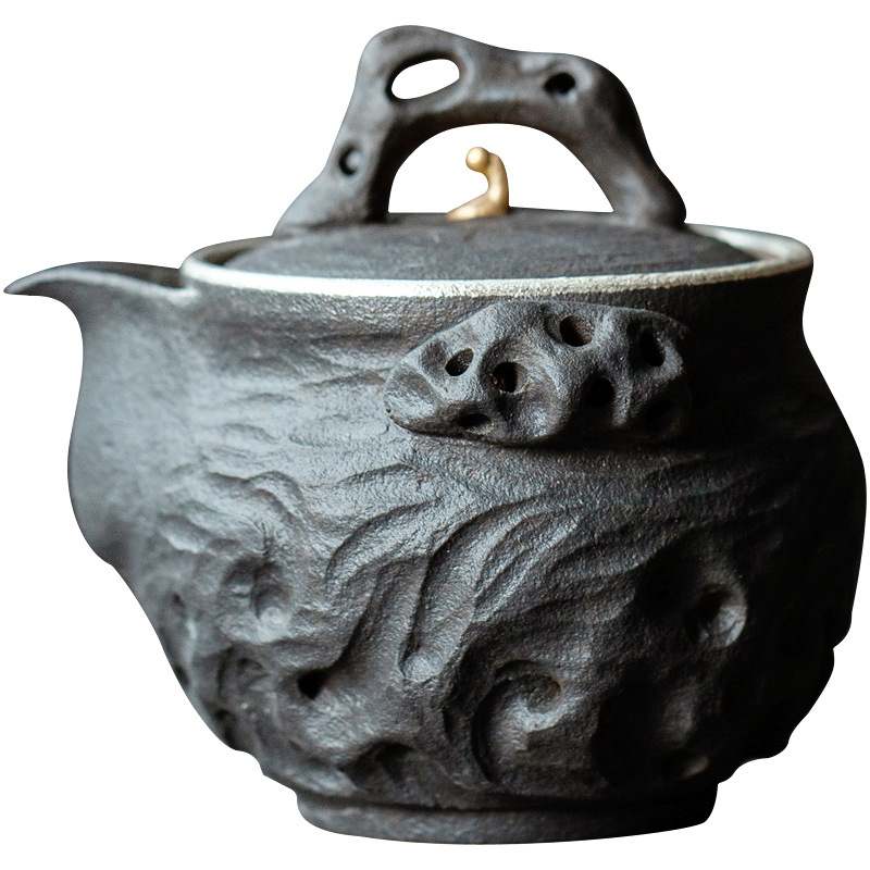 Ceainic ceramic lucrat manual, finisaj închis inspirat de inkstone, piatră Taihu antic, mâner din lemn Ebony, pentru ceai Gongfu acasă