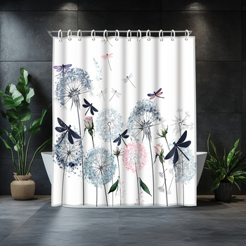 Cortină de duș cu imprimare acuarelă cu păpădie și libelulă, cu cârlige, material poliester, artă florală albastru-roz