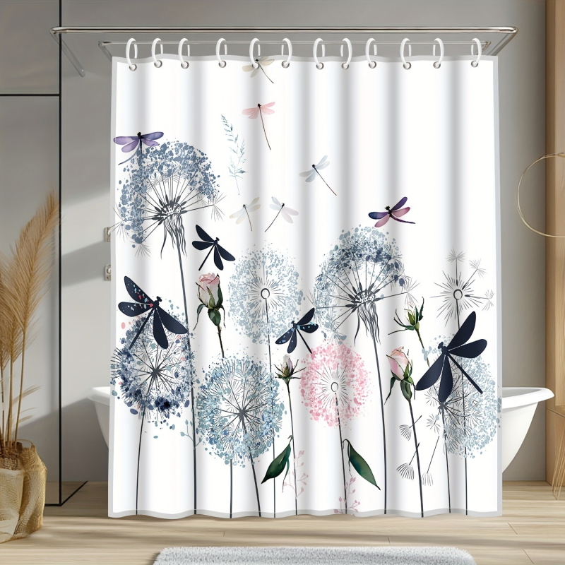 Cortină de duș cu imprimare acuarelă cu păpădie și libelulă, cu cârlige, material poliester, artă florală albastru-roz