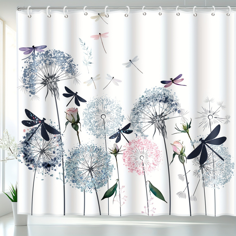 Cortină de duș cu imprimare acuarelă cu păpădie și libelulă, cu cârlige, material poliester, artă florală albastru-roz