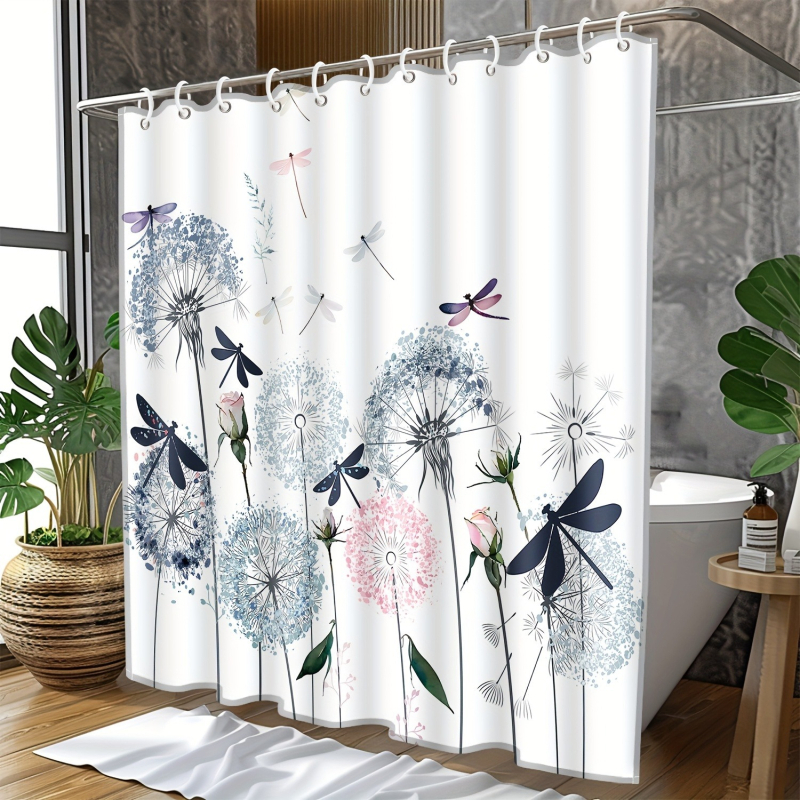 Cortină de duș cu imprimare acuarelă cu păpădie și libelulă, cu cârlige, material poliester, artă florală albastru-roz