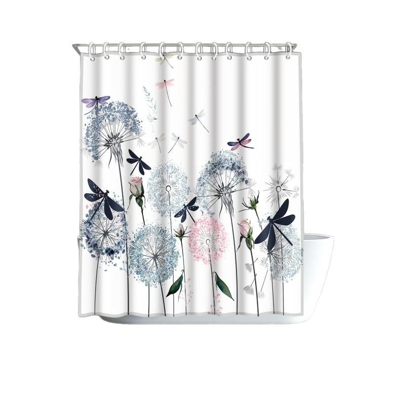 Cortină de duș cu imprimare acuarelă cu păpădie și libelulă, cu cârlige, material poliester, artă florală albastru-roz