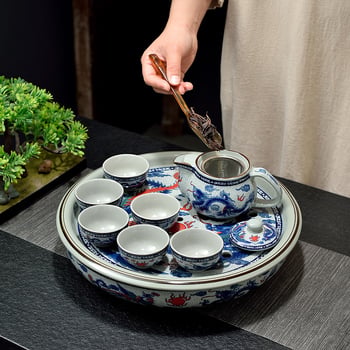 Set ceai Kung Fu cu tavă ceramică pentru ceai, cerc de 10 inch, nuanță celadon, pentru casă și birou
