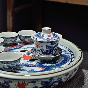 Set ceai Kung Fu cu tavă ceramică pentru ceai, cerc de 10 inch, nuanță celadon, pentru casă și birou