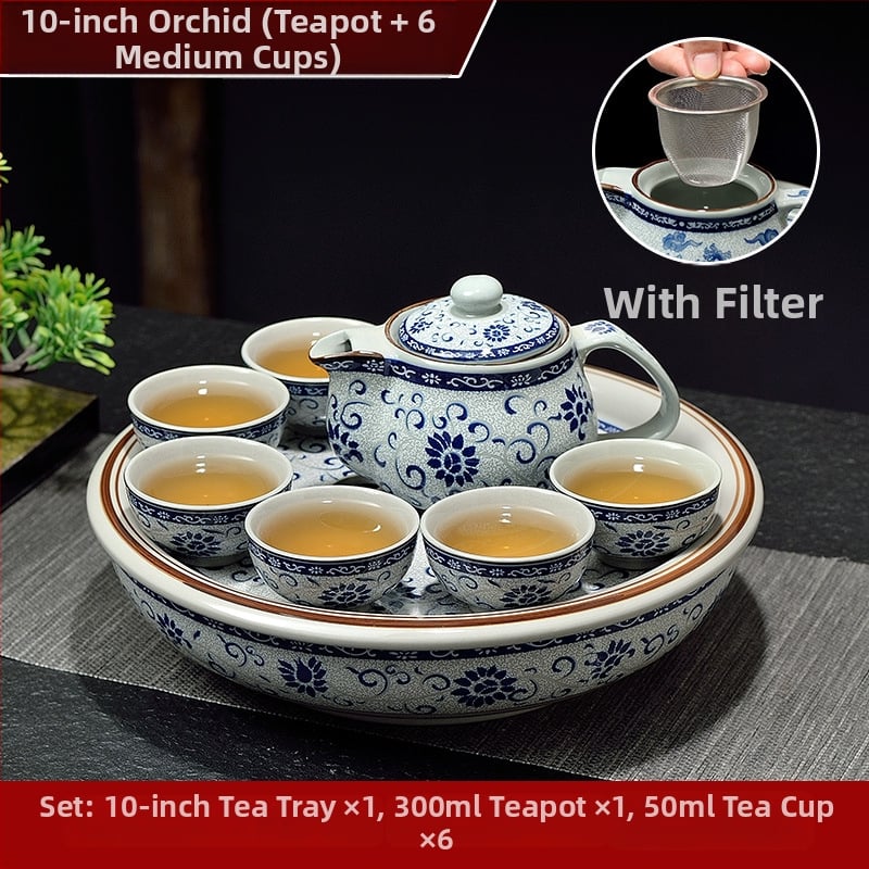 Set ceai Kung Fu cu tavă ceramică pentru ceai, cerc de 10 inch, nuanță celadon, pentru casă și birou