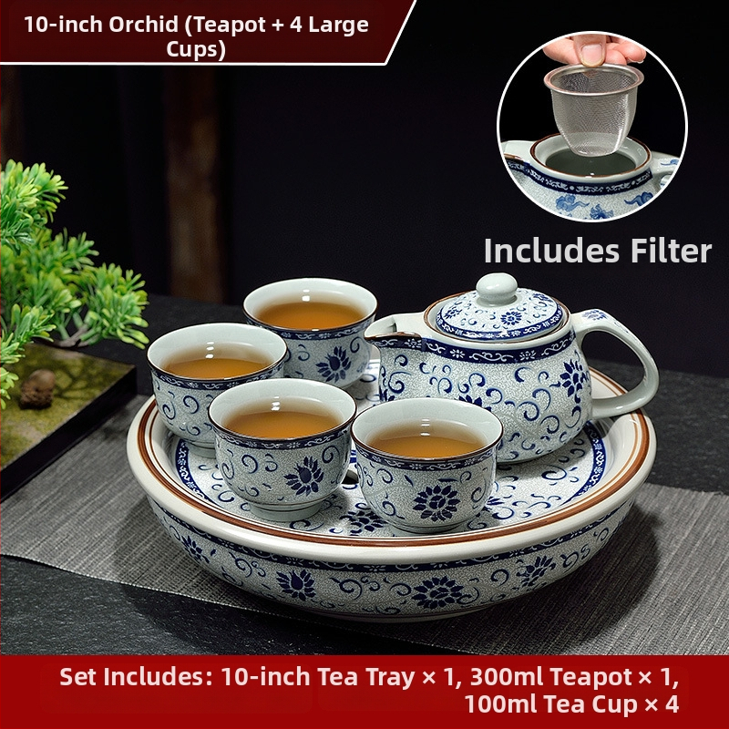 Set ceai Kung Fu cu tavă ceramică pentru ceai, cerc de 10 inch, nuanță celadon, pentru casă și birou
