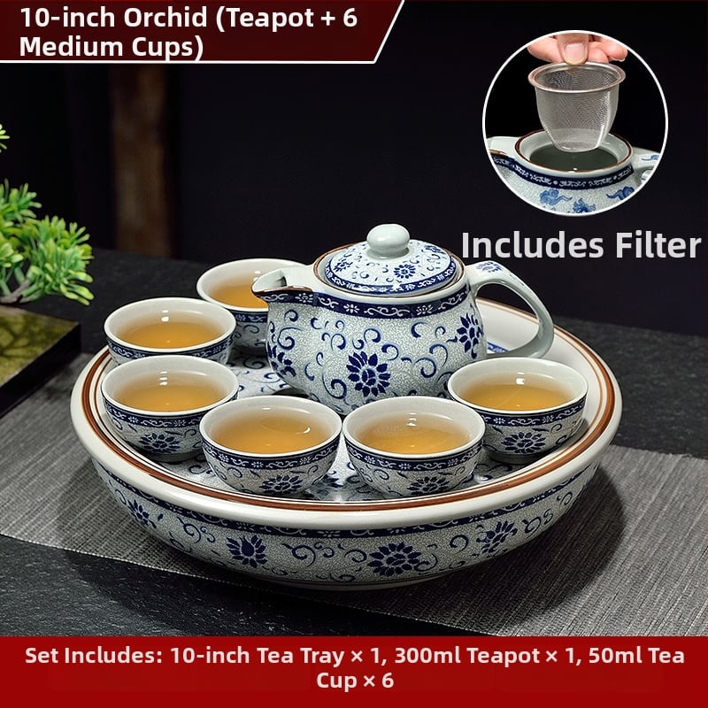 Set ceai Kung Fu cu tavă ceramică pentru ceai, cerc de 10 inch, nuanță celadon, pentru casă și birou