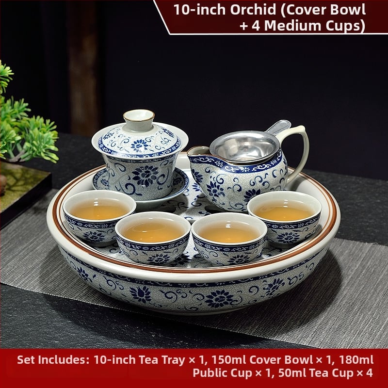 Set ceai Kung Fu cu tavă ceramică pentru ceai, cerc de 10 inch, nuanță celadon, pentru casă și birou