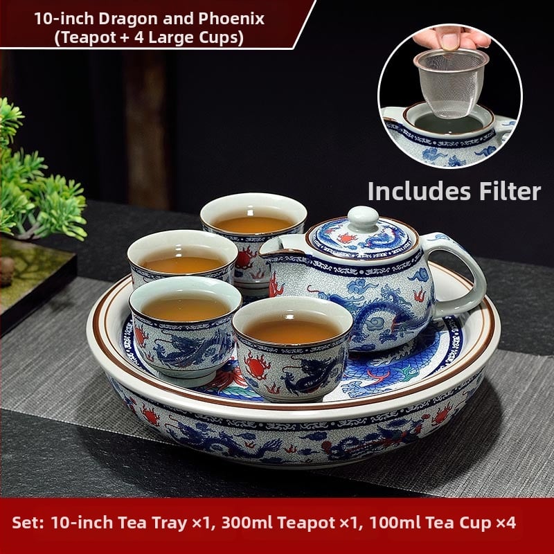 Set ceai Kung Fu cu tavă ceramică pentru ceai, cerc de 10 inch, nuanță celadon, pentru casă și birou