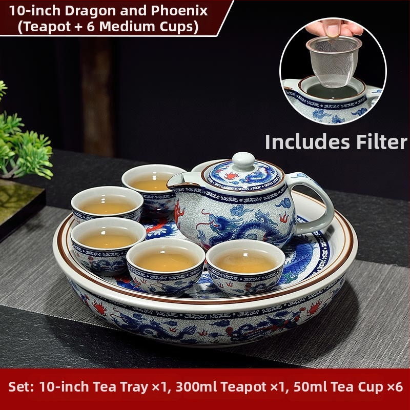 Set ceai Kung Fu cu tavă ceramică pentru ceai, cerc de 10 inch, nuanță celadon, pentru casă și birou